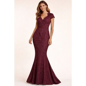 JS Collection Gown Burgundy‎ Lace Mermaid Formal Wedding Bridesmaid Size 2 NWT
